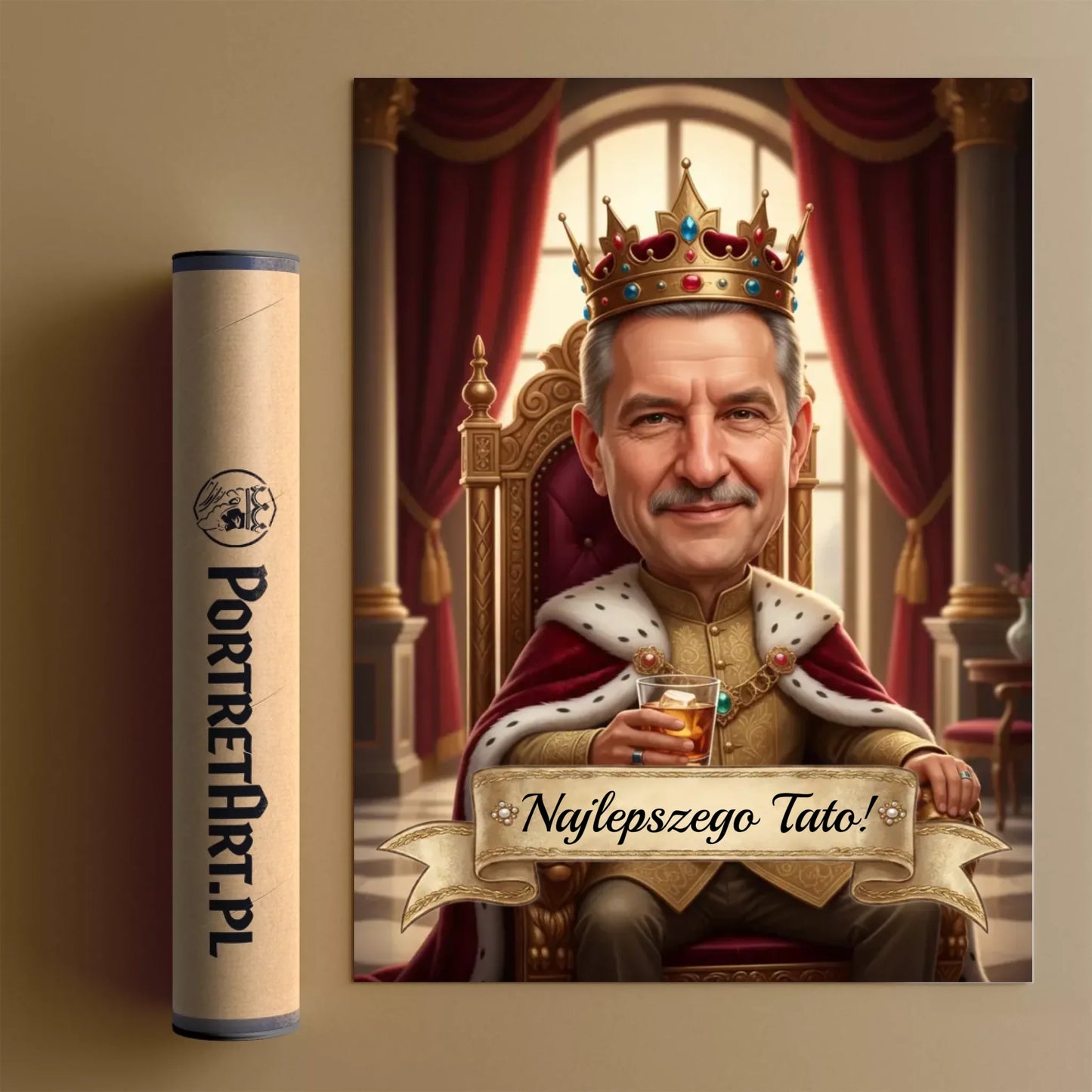 Król na tronie z drinkiem - Karykatura ze zdjęcia