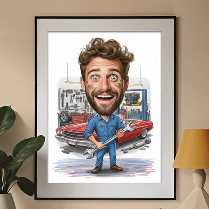 Mechanik samochodowy – Karykatura ze zdjęcia
