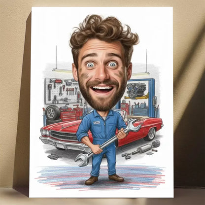 Mechanik samochodowy – Karykatura ze zdjęcia