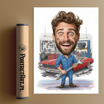 Mechanik samochodowy – Karykatura ze zdjęcia