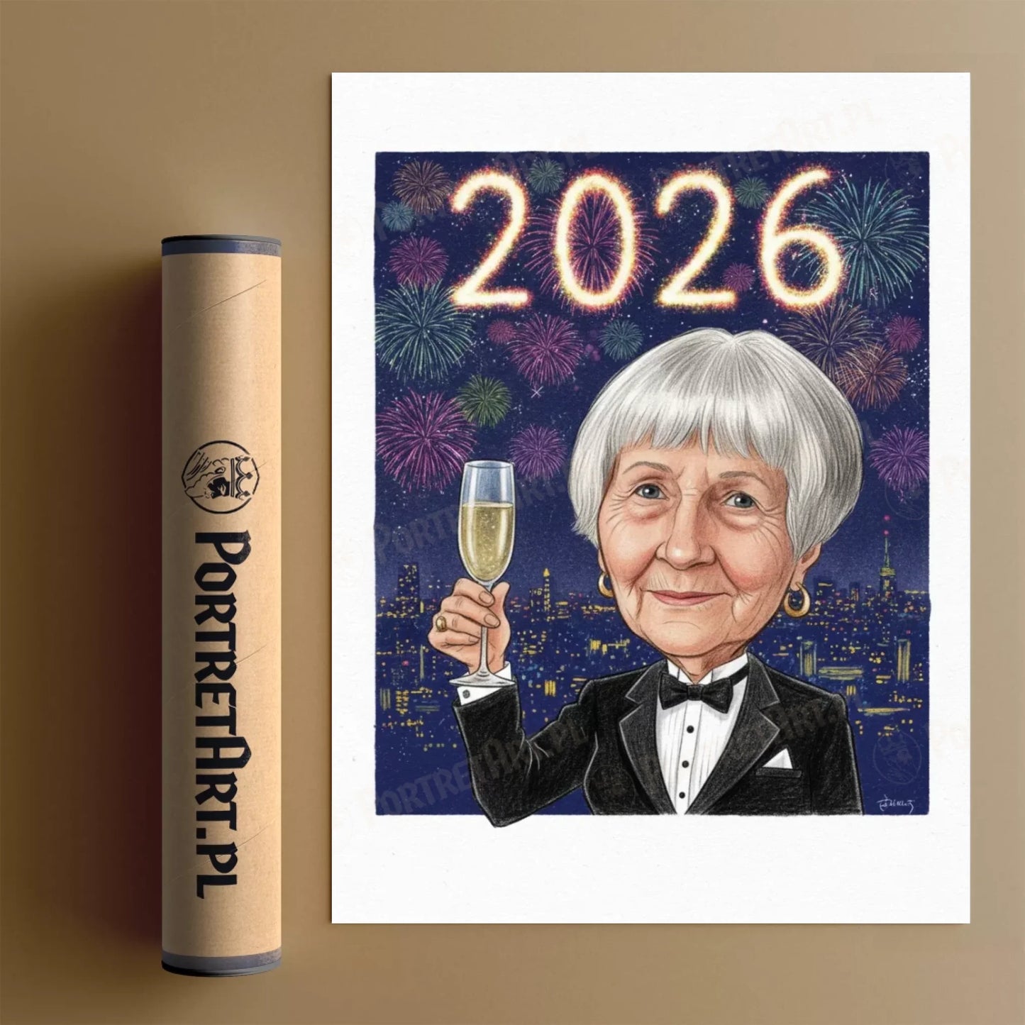 Fajerwerki nad Miastem 2026 - Karykatura ze zdjęcia