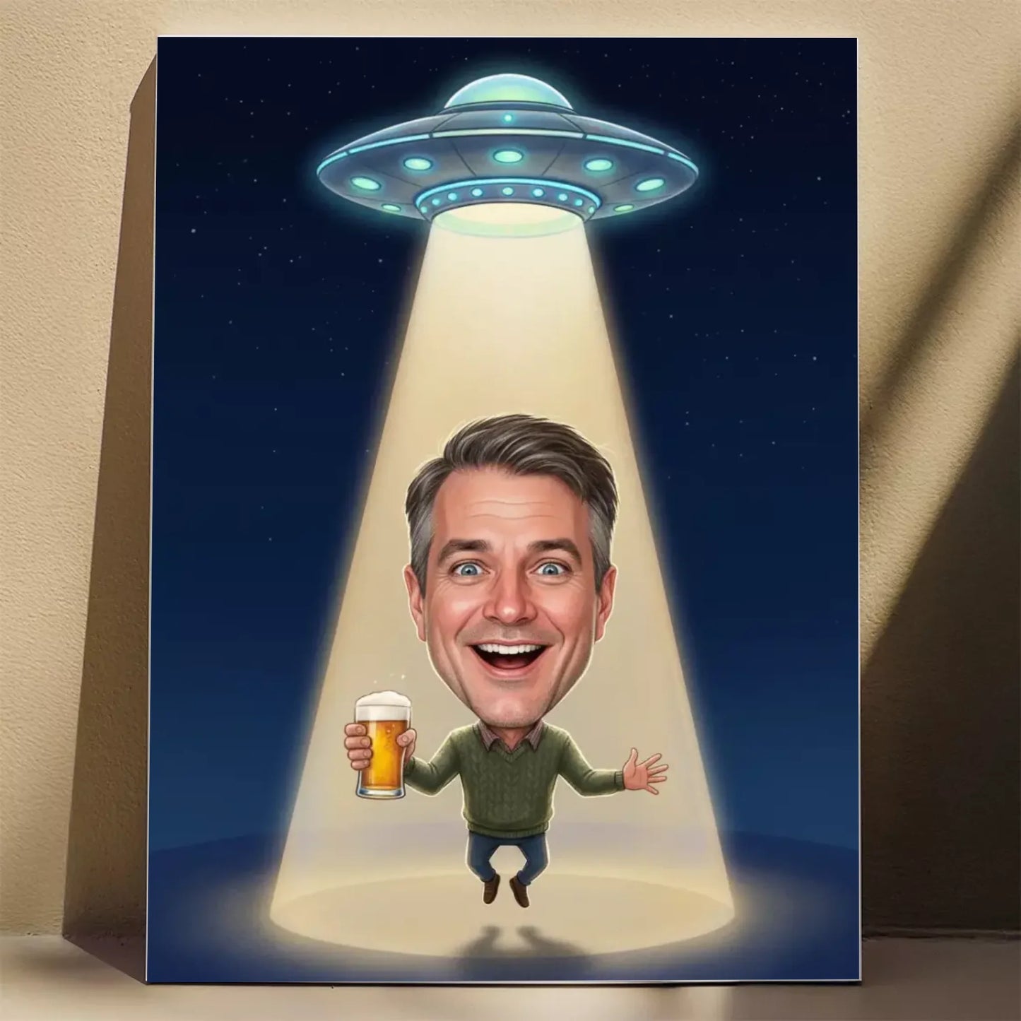 Tata porwany przez UFO - Karykatura ze zdjęcia