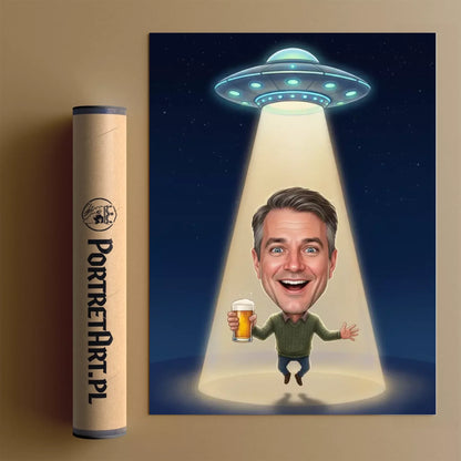 Tata porwany przez UFO - Karykatura ze zdjęcia
