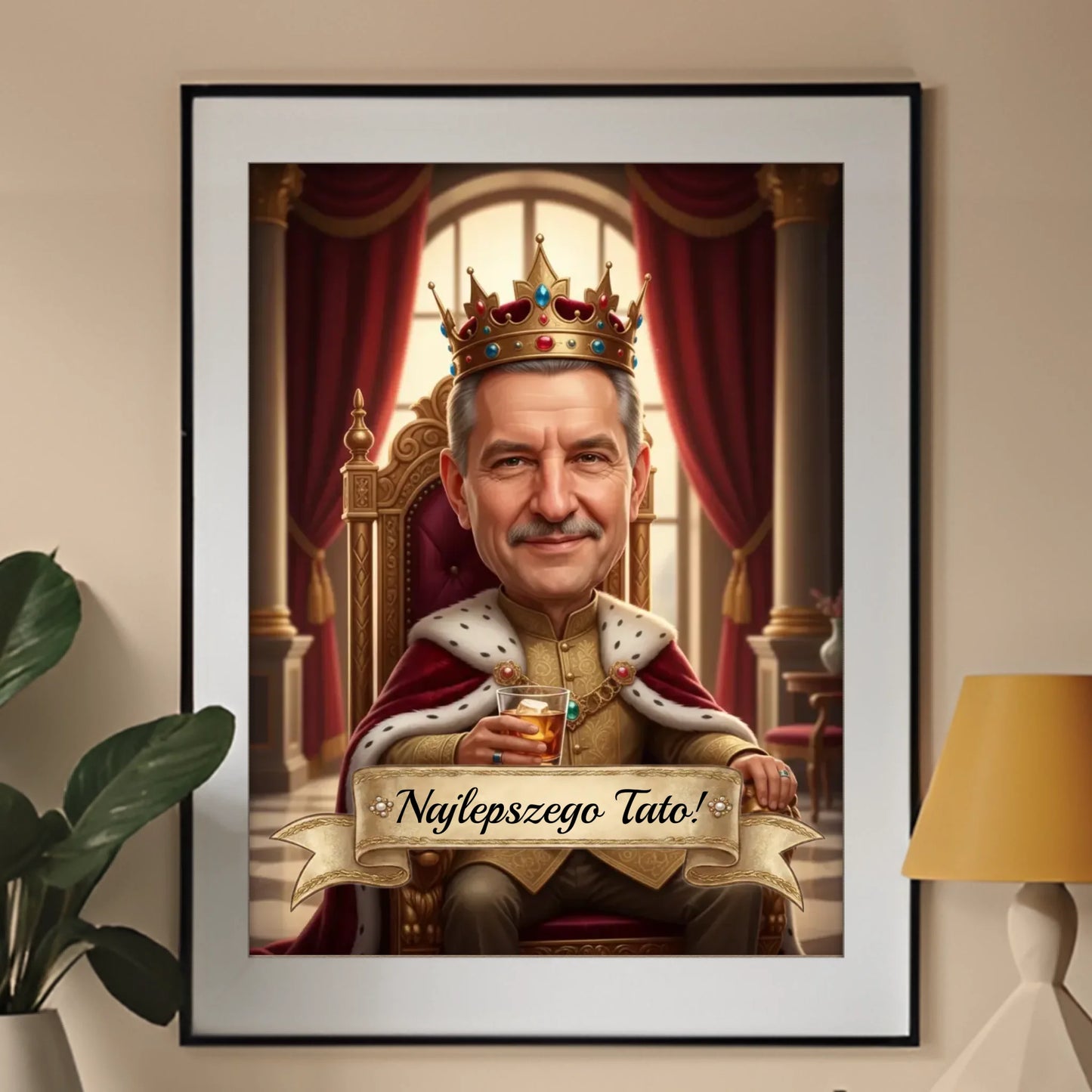Król na tronie z drinkiem - Karykatura ze zdjęcia
