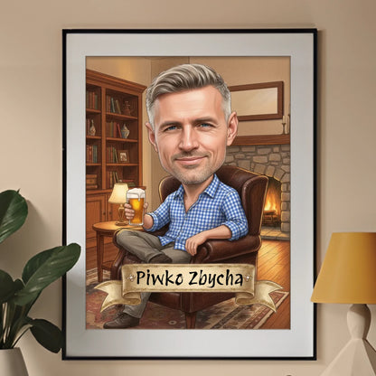 Gentleman w fotelu z piwem - Karykatura ze zdjęcia