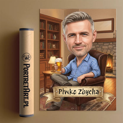 Gentleman w fotelu z piwem - Karykatura ze zdjęcia