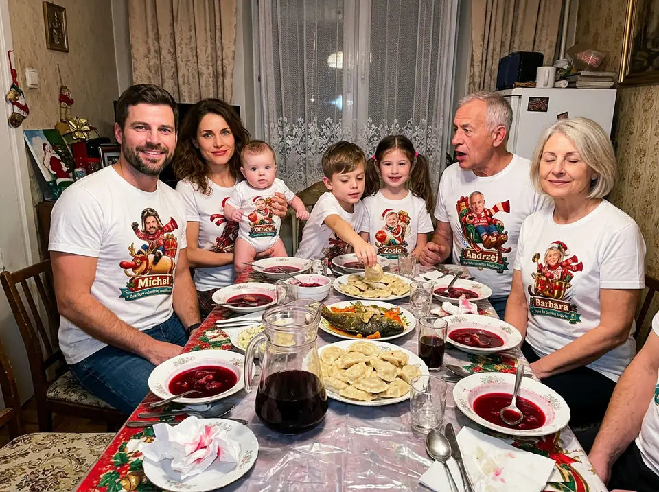 Rodzina przy wigilijnym stole w koszulkach ze zdjęciem
